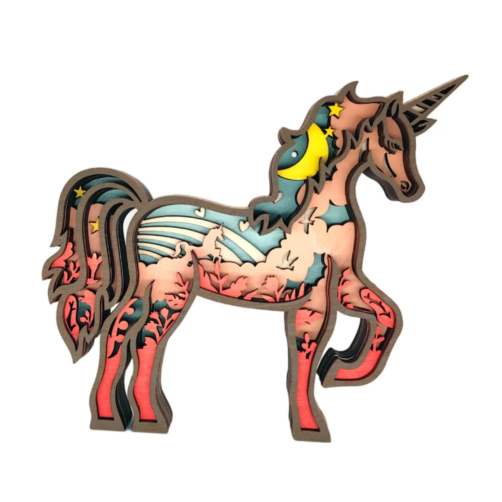 Wooden Unicorns Statue Unicorns Ornament Birthday Gift Crafts Multi Layered Wooden Carving Decorative for Desktop Living Room