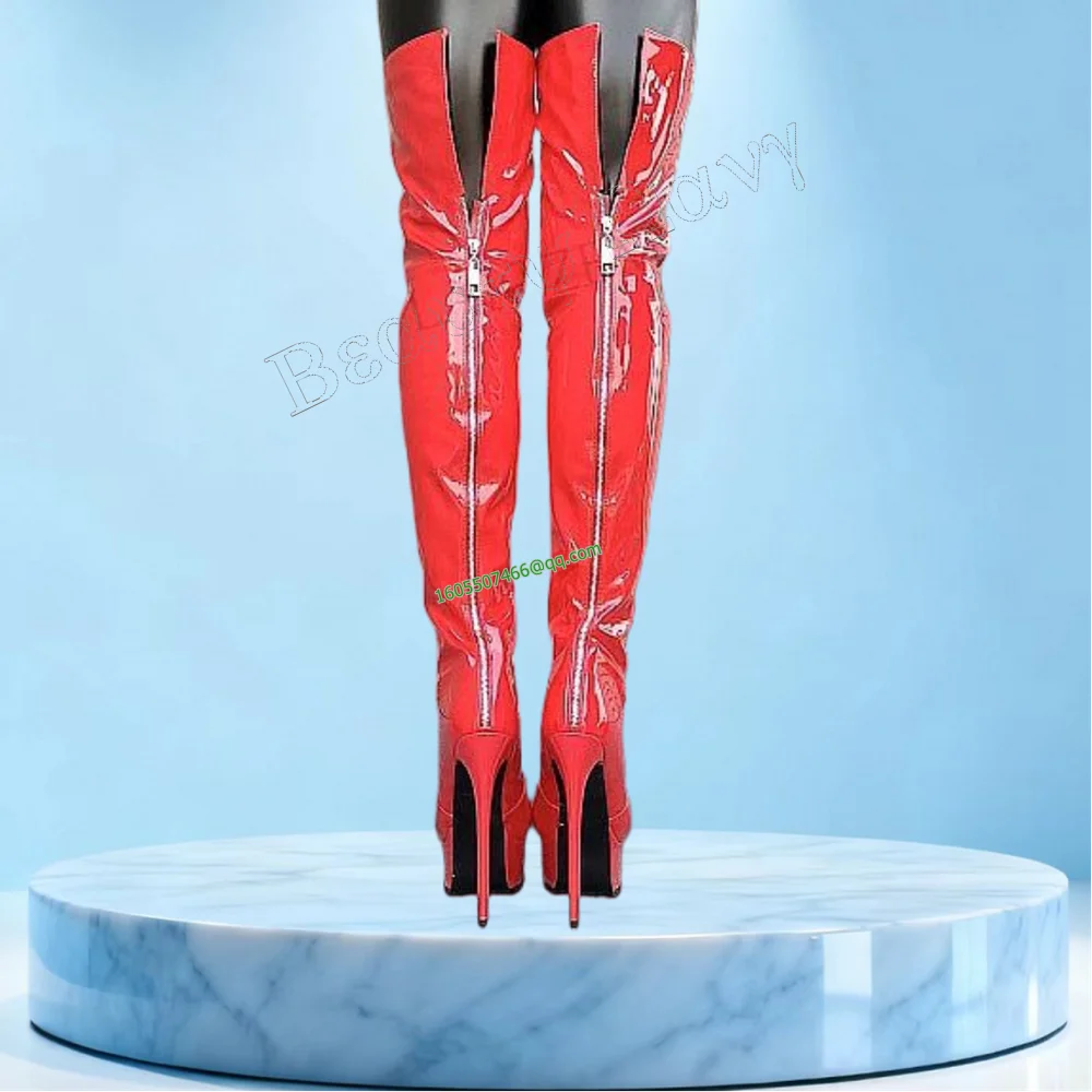 

Red Patent Leather Back Zipper Boots Platform Thigh High High Heel Shoes Solid Sexy Women Shoes New Zapatos Para Mujere