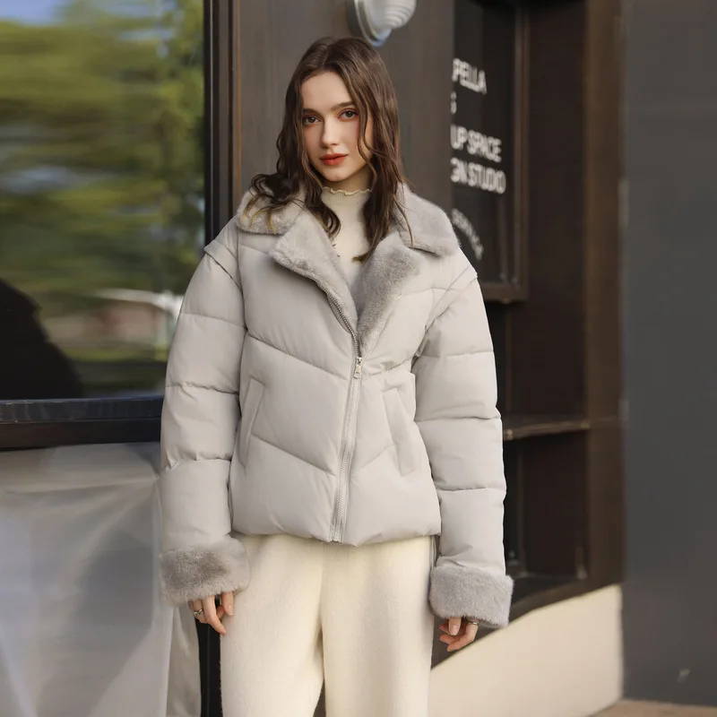 Women Detachable Sleeve Faux Mink Fur Hooded Padded Jacket, Korean Style Short Winter Cotton Coat Cozy Look