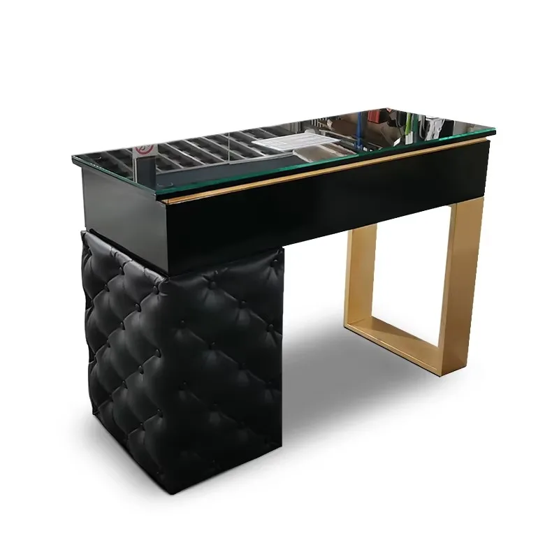 

Роскошный золотой железный маникюрный стол в антикварном стиле с обивкой из черной кожи и 4 ящиками