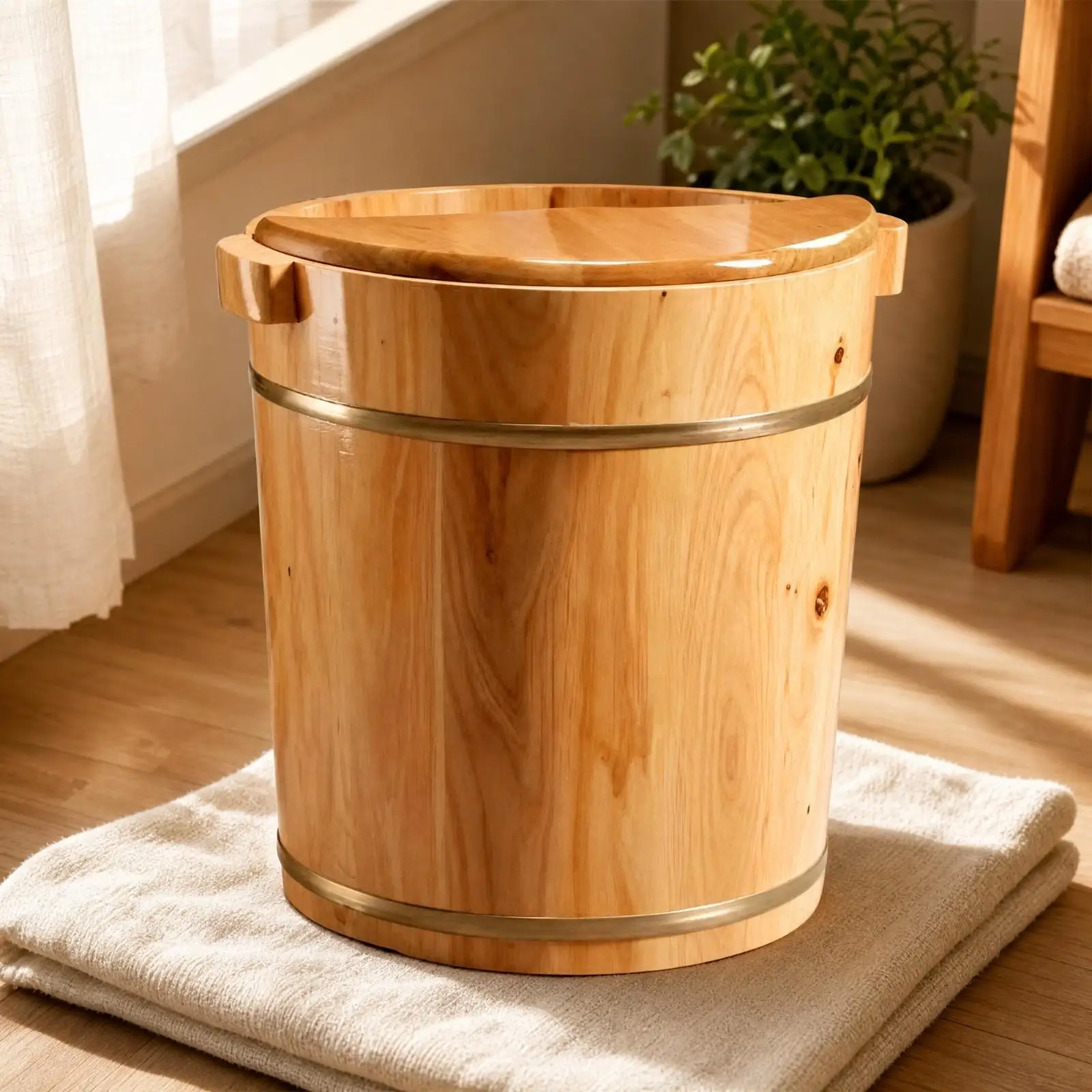 Cylindrical Wooden Foot Bath Bucket for Daily Relaxation with Wood Grain Texture and Metal Banding