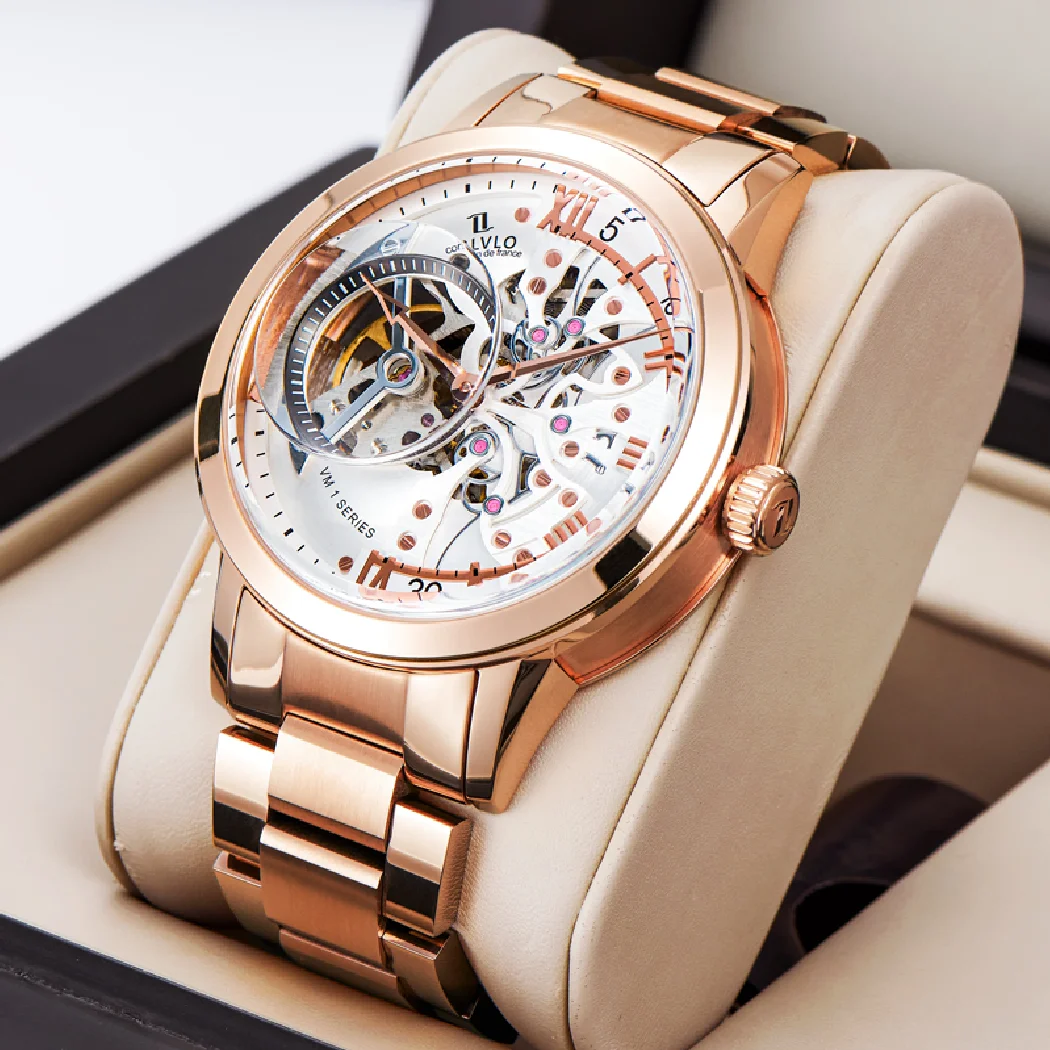 

OBLVLO Retro Casual Men Skeleton Automatic Watches Mechanical Stainless Steel Strap Mineral Crystal Glass Rose Gold Clock VM