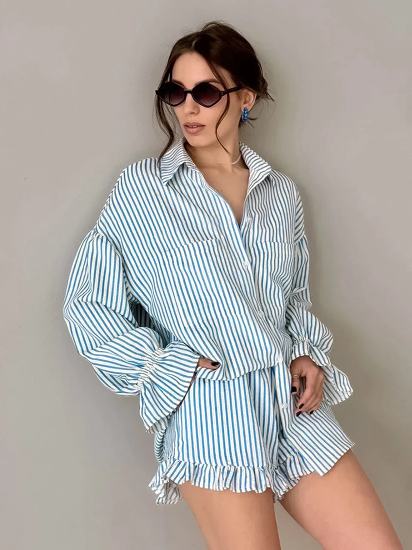 Marthaqiqi Striped Loose Women Pajamas Suit Turn-Down Collar Sleepwear Long Sleeve Nightwear Shorts Casual Ladies Nightgowns Set