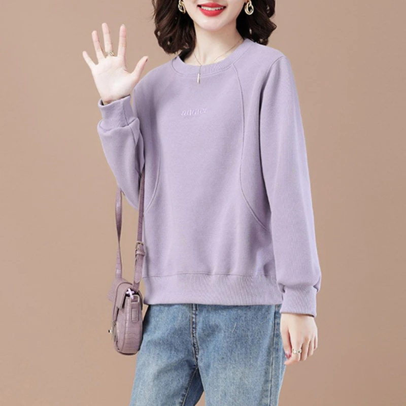 Spring and Autumn Women\'s Solid Color O-Neck Long Sleeve Spliced Embroidery Letter Loose Pullovers Classic Fashion Casual Tops