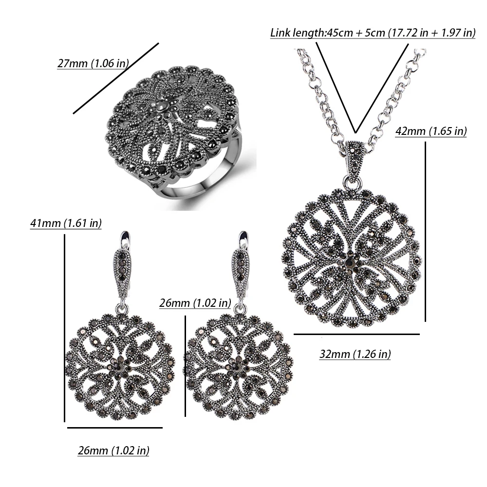 Ajojewel Vintage Hollow Flower Jewelry Set Round Earring Necklace And Ring With Full Black Rhinestone