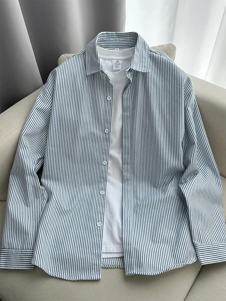 

Мужская рубашка с длинным рукавом в синюю полоску, весна-осень, молодежная, в американском стиле, повседневная, из дышащего хлопка, влагоотводящая