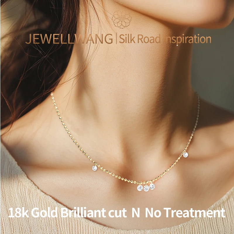 

JEWELLWANG Floating Shine Lab Created Diamond Pendant 18K Yellow Gold Round Bead Adjustable Chain Suspended Real Diamond Gift