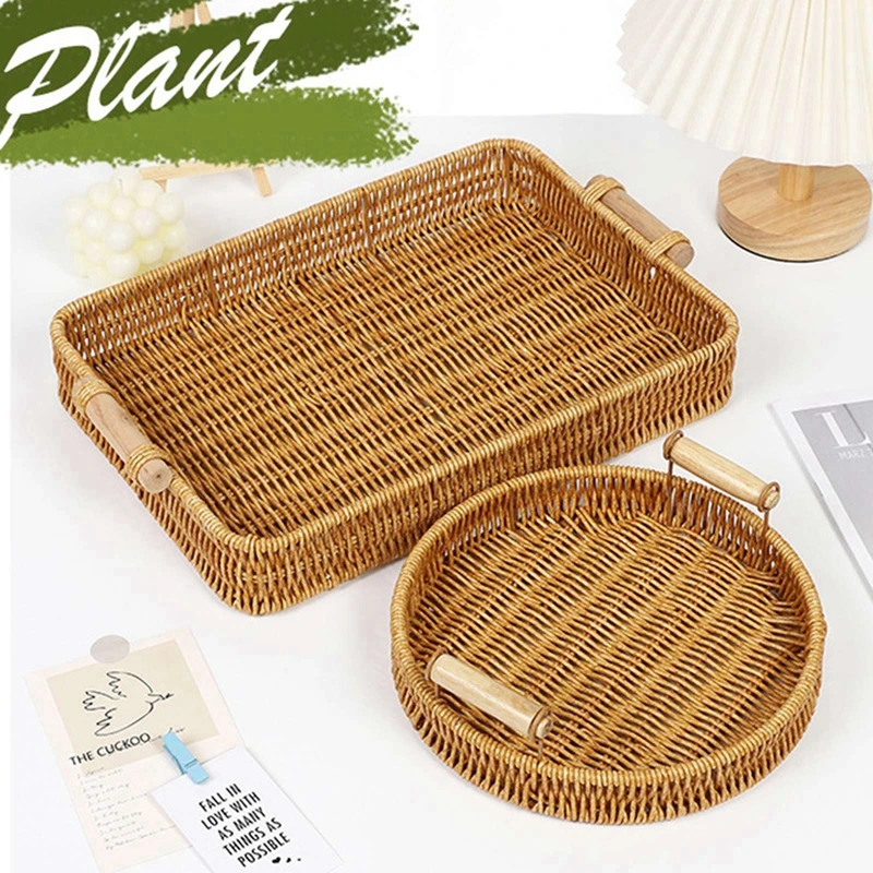 Boho Round Square Rattan Serving Handmade Bread Basket Tray Breakfast Tea Fruit Coffee Storage Woven Rattan Basket With Handles