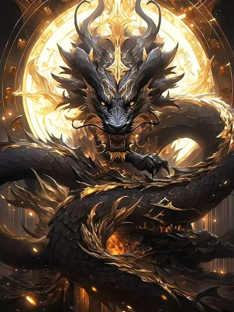 5D DIY Mosaic Diamond Painting Handmade Art Gift, Noble Black Mythical Chinese Dragon Golden Light Halo Warm Glow Dark Decor