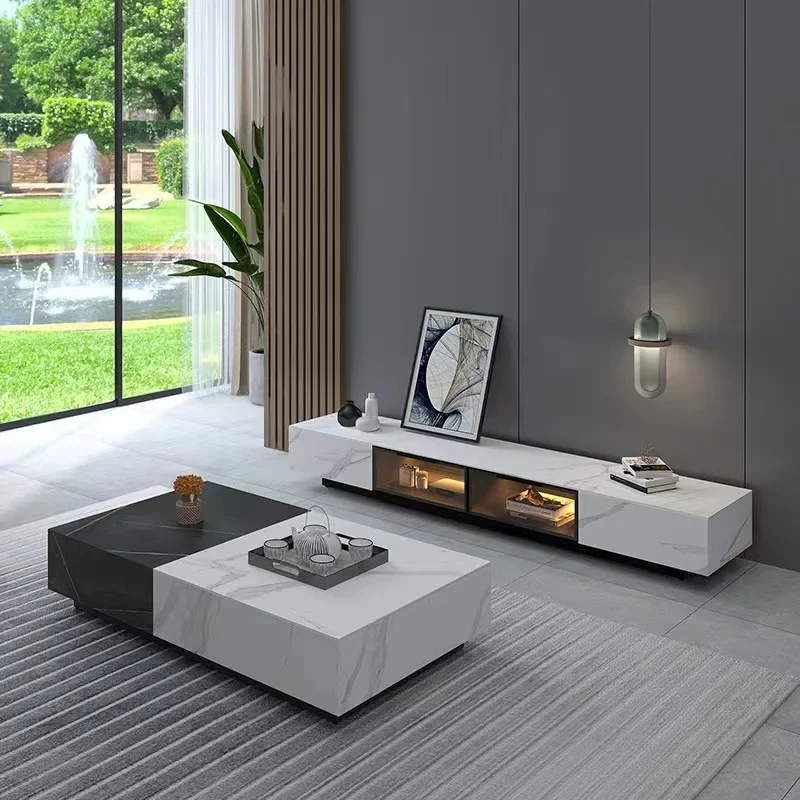 

Italian white rock slab solid wood TV cabinet coffee table combination glass living room film and television black TV counter