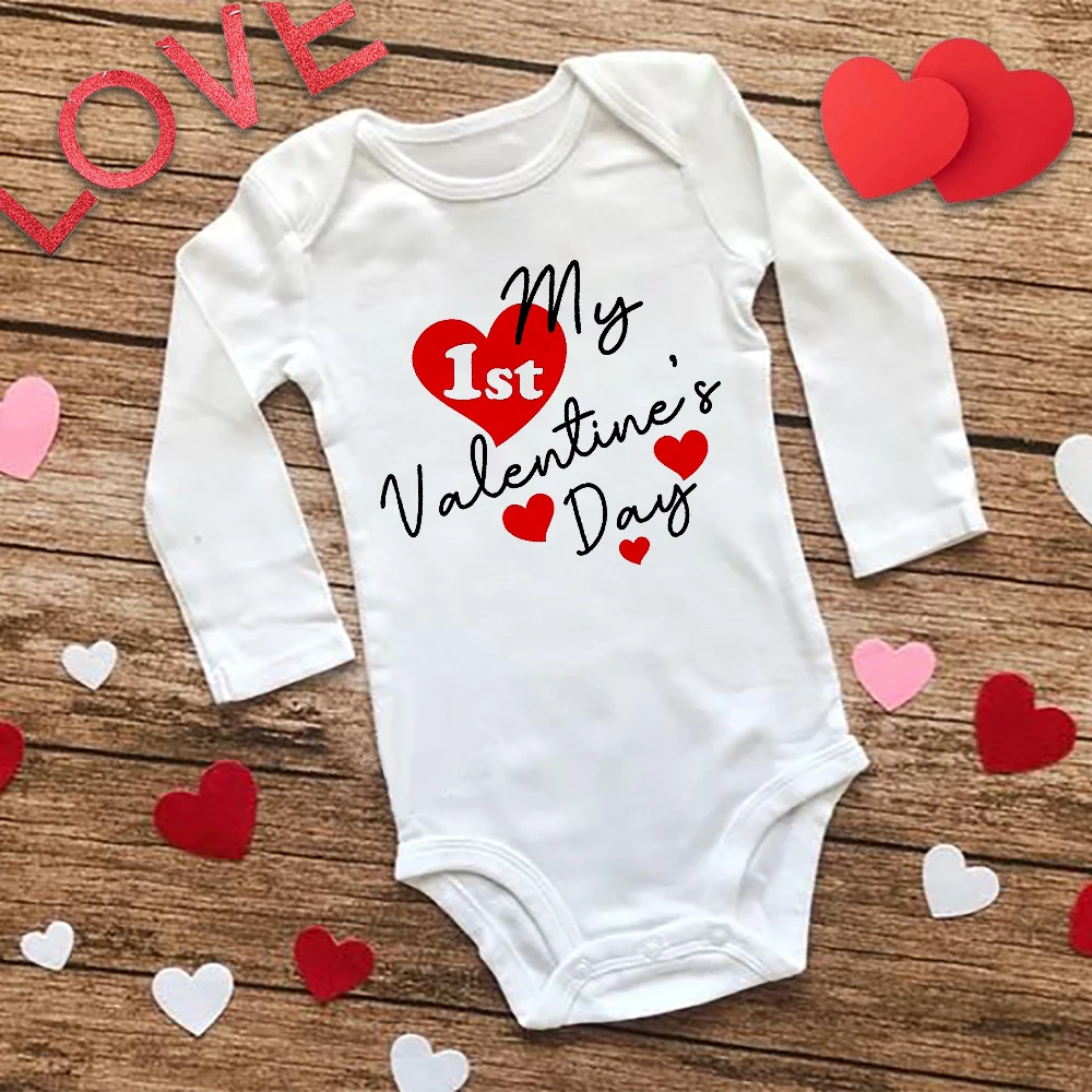 My First Valentine's Day Print Baby Bodsysuit Valentine Party Infant Outfit Newborn Long Sleeve Ropmer Toddler Holiday Jumpsuit