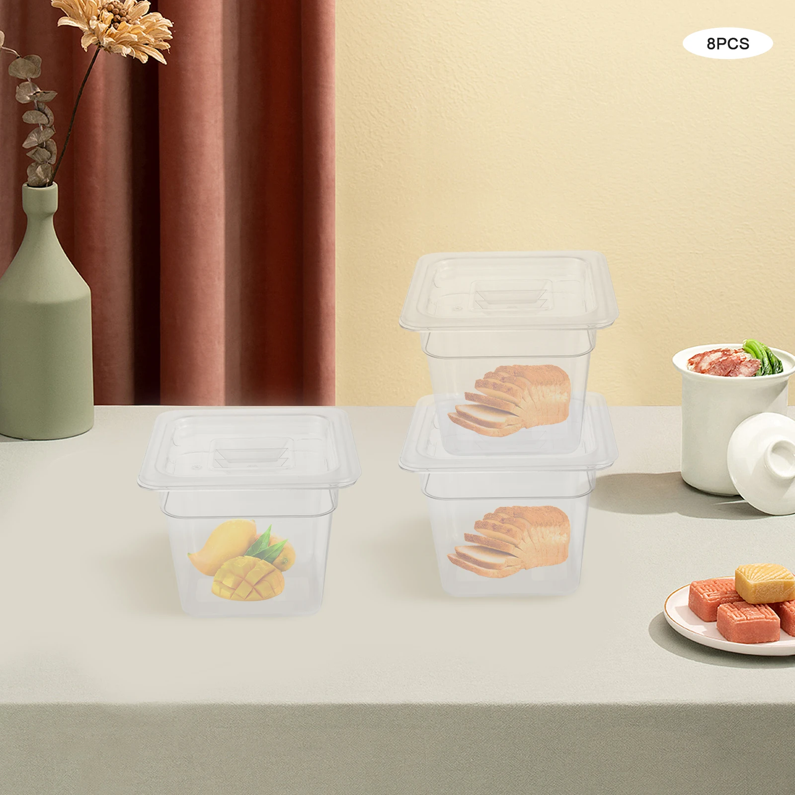 Acrylic Food Pan, Food Pans with Lids, 8 Pack 1/6 Size Storage Pans for Kitchen Restaurant Food Prep, 2.11 Quart