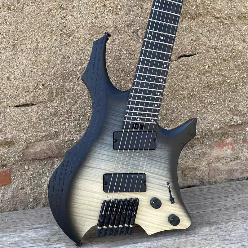 7 String Black to White Flame Maple Top Headless Electric Guitar Ebony Fretboard 9 Piece Neck Fanned Frets Active Pickups