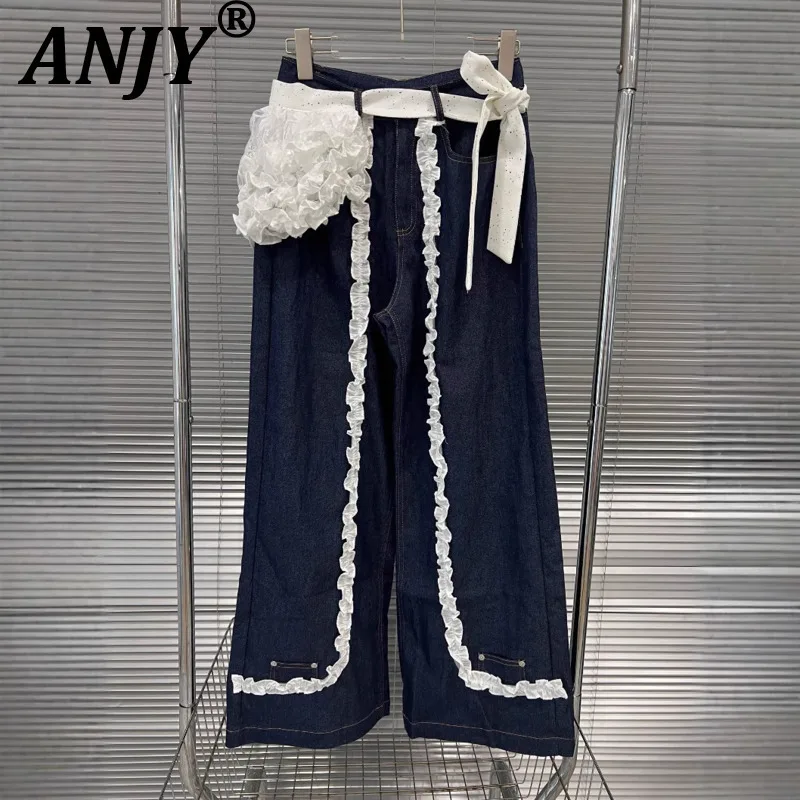 

ANJY, осенние новые женские милые джинсы с оборками, лоскутные джинсовые брюки контрастного цвета, прямые винтажные элегантные уличные повседневные брюки A9604