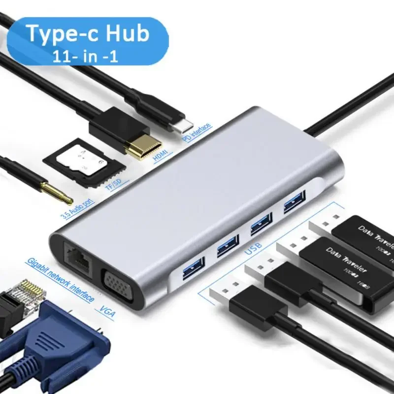 11 in 1 Type-c Hub Docking Station USB-c to HDMI-compatible 100M Network Card VGA PD USB3.0 Hub