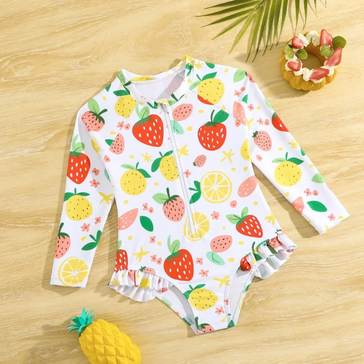 

Summer Girls One-piece Swimsuit Kids Cute Cartoon Strawberry Print Long Sleeve Zipper Quick-Dry Swimwear Baby Bathing Costume