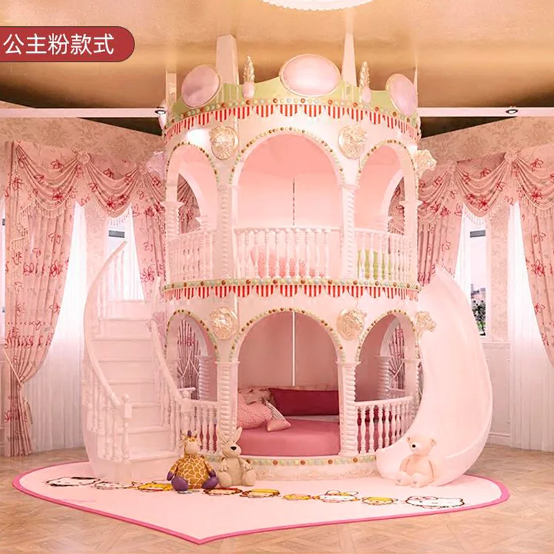ヨーロピアンピンクの女の子の夢の城、高低ダブルプリンセスベッド 