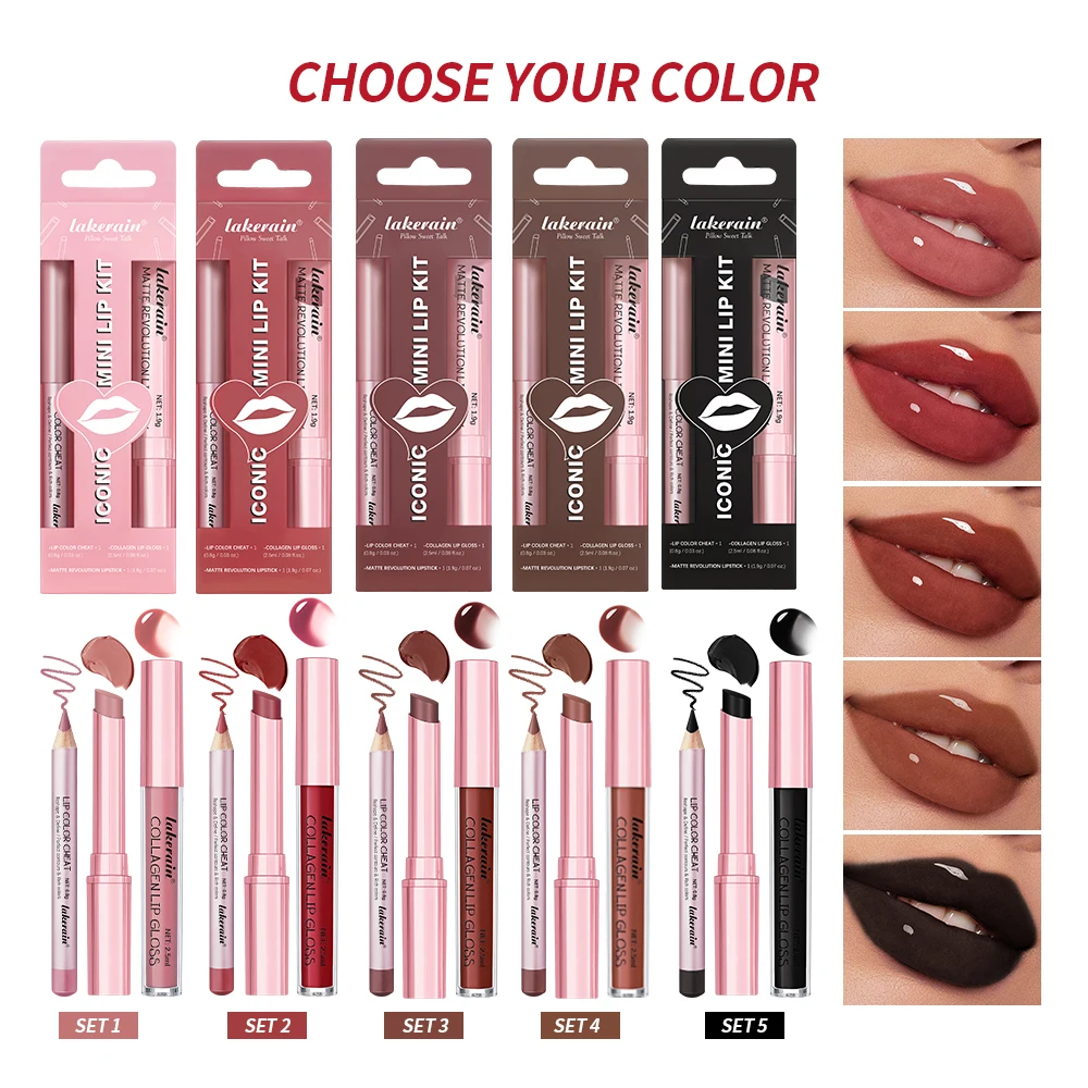 Iconic Mini Lip Kit ยาวนานกันน้ํา Natural Lip line ลิปสติก Lip gloss แต่งหน้าชุดแบบพกพาแต่งหน้า 3 ชิ้น/เซ็ต