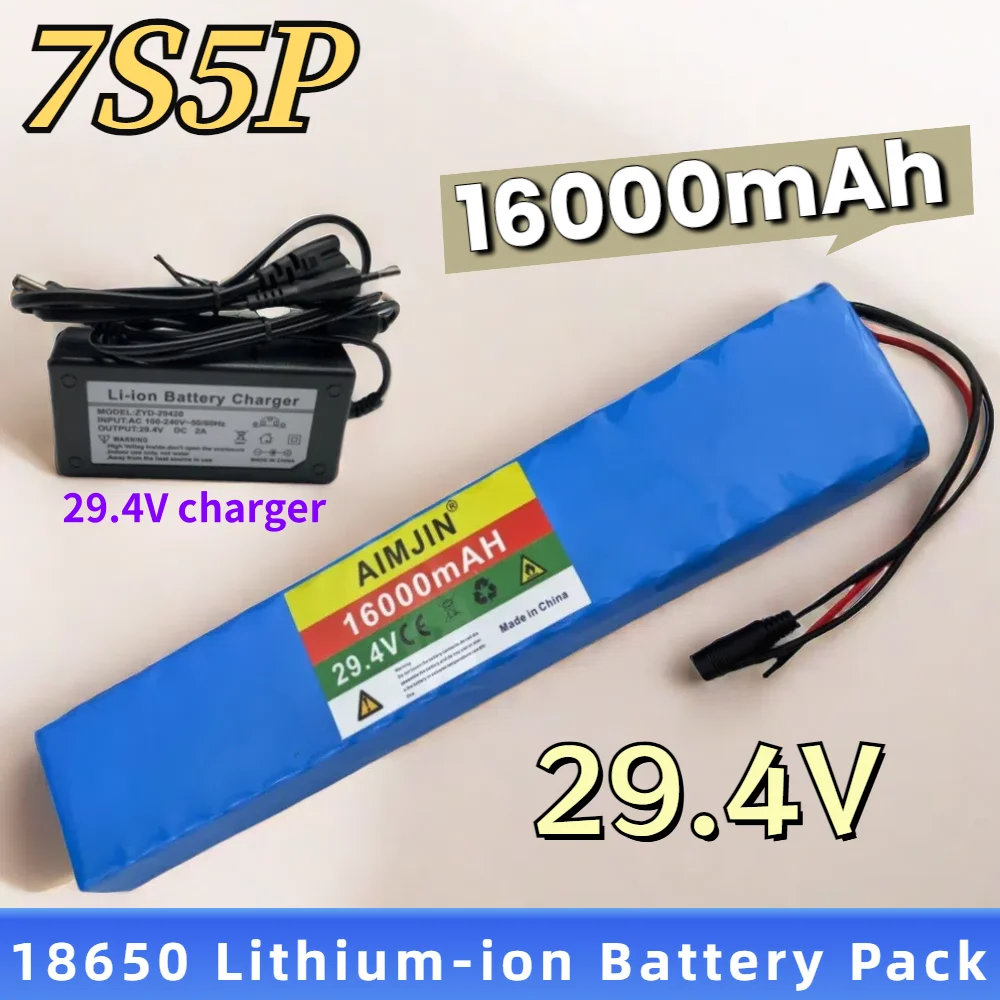 

7S5P 29.4V 16000mAh battery 18650 lithium-ion battery with built-in intelligent BMS, for Electric Bicycles+29.4V charger