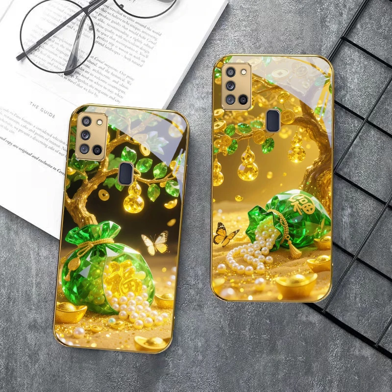 الأخضر لطيف محظوظ حقيبة لسامسونج A 70 71 72 73 14 15 13 16 25 A26 31 32 33 34 35 50 51 52 53 54 55 56 الزجاج الذهبي جراب هاتف