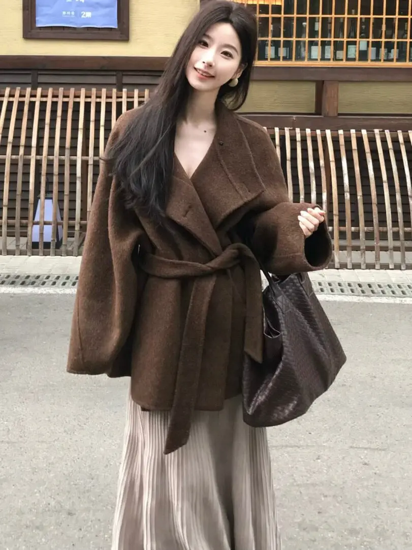Elegant Short Double-Faced Woolen Coat with Belt Stand Collar Design Warmth Fashionable Youth Women's Spring Outerwear