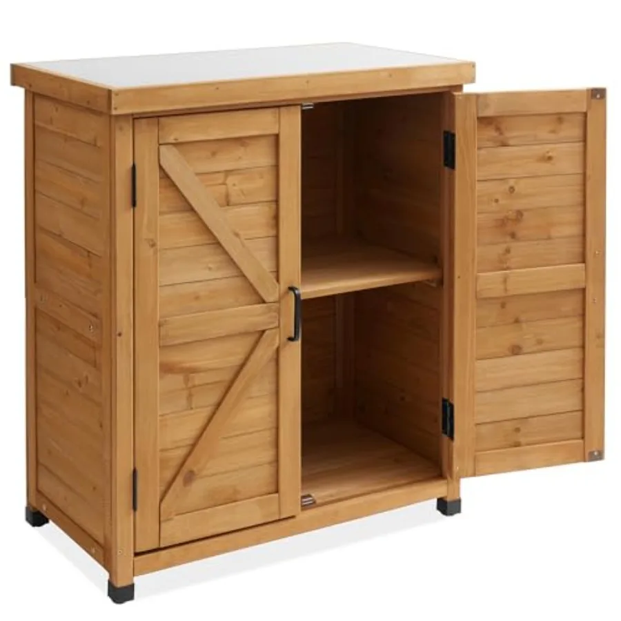 Outdoor Garden Potting Bench with Metal Tabletop and Storage Cabinet - Wooden Outdoor Garden Patio Workstation Table, Natural