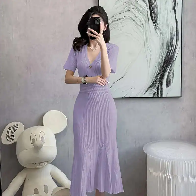 2025 nowa dzianinowa letnia sukienka na imprezę kobieta moda na co dzień z krótkim rękawem Bodycon syrenka długie sukienki Vestidos Largos szaty