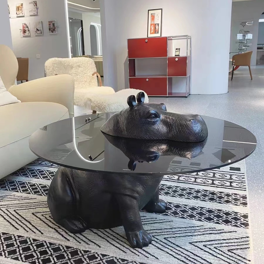 Nordic Hippo Design Glass Round Coffee Table, Mobiliário de café animal criativo para o hotel Villa, Mesa lateral para sala de estar