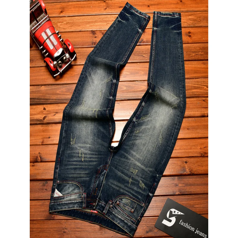 

2025 autumn new denim jeans men's washed retro nostalgic trend Korean version slim fit small leg elastic pants