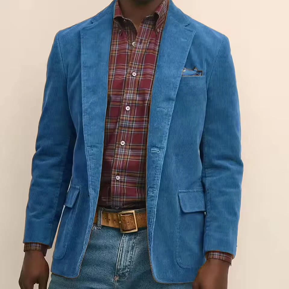 Mens Corduroy Blazer Jacket Single Breasted Blend Fabric Notched Lapel Comfort Breathable Business Casual Suit Outerwear Coat