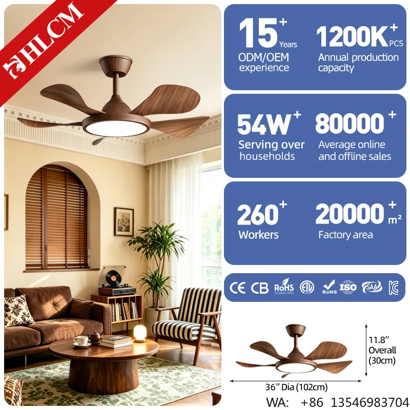 32/36/42 Inch Midcentury LED Ceiling Fan 5 6-Speed Remote Control Dimmable Iron ABS Construction DC Motor 220V/110V Customizable