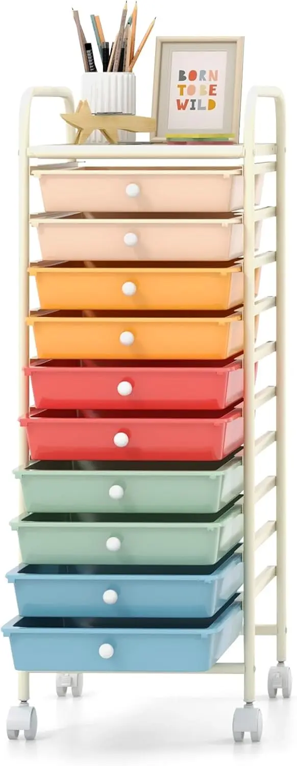 

10-Drawer Rolling Storage Drawer Cart, Utility Cart with Removable Drawers & Metal Frame, Mobile Art Craft Drawer Cart