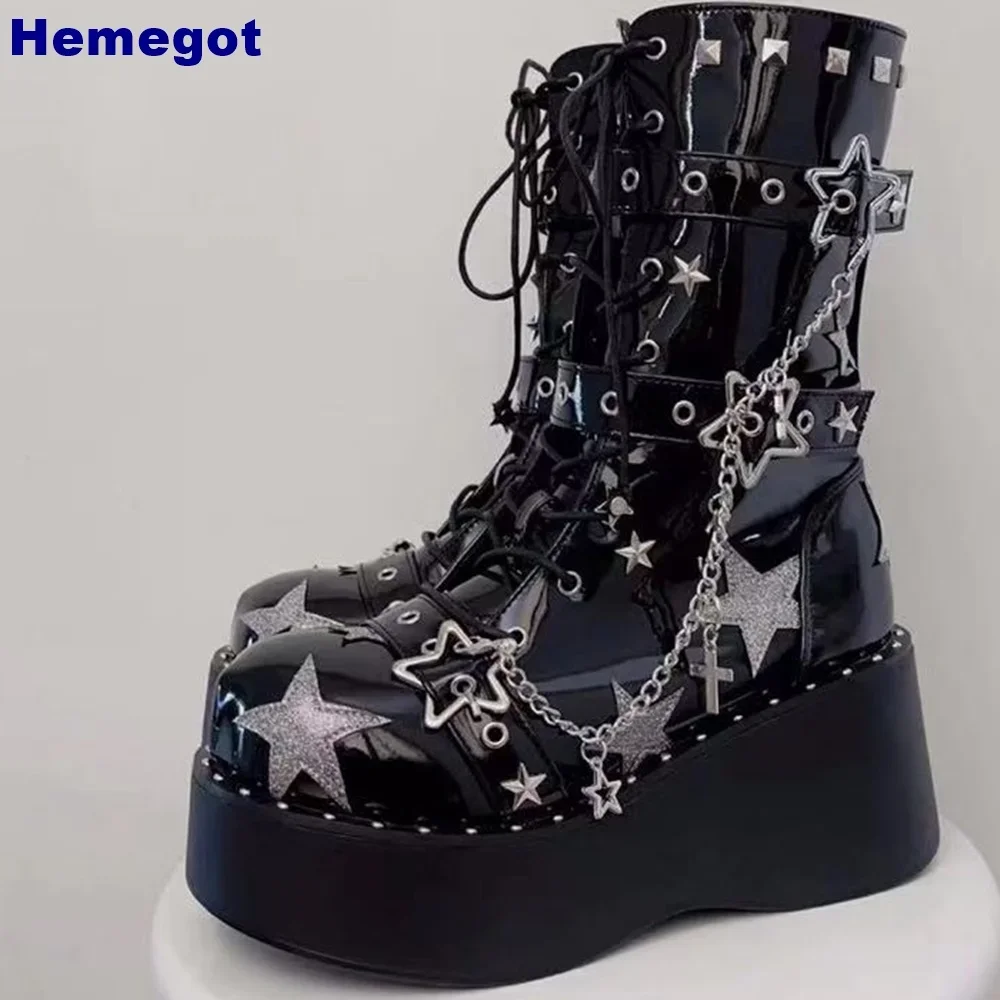 

Belt Buckle Star Chain Knight Boots 2024 Autumn New Round Toe Rivet Boots Punk Street Rock Lace-Up Lolita Fashion Women's Boots