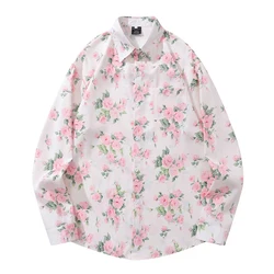 Pink Flower Hawaiian Shirt Men Women Autumn Long Sleeved Men's Shirt Male Top