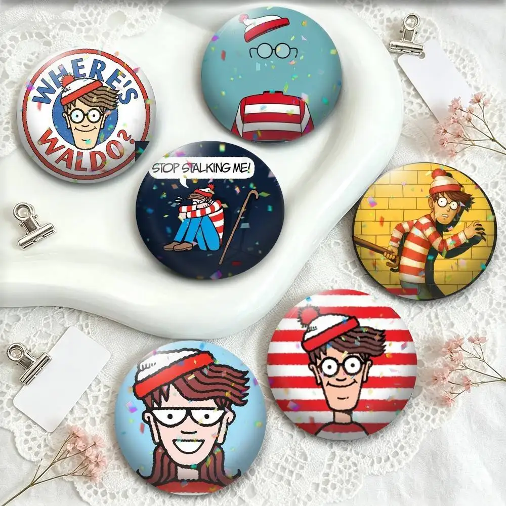Game Wheres W-WallyS Waldo  25mm 32mm 44mm 58mm 75mm Brooches Badges Pins for Accessories Gift