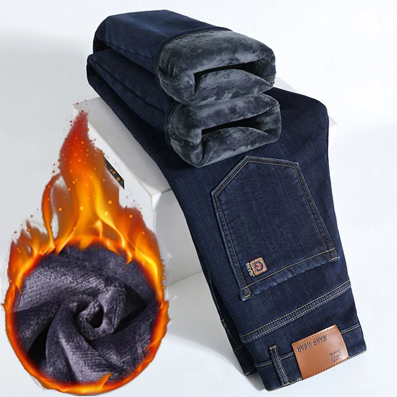 2026 Winter Thermal Stretch Jeans Men New Loose Straight Leg Casual Trousers Male Daily Commute Windproof Denim Pants