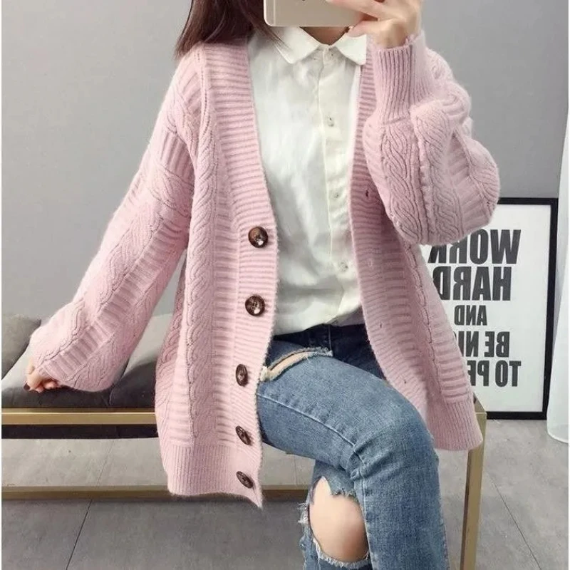 2024 New Autumn/Winter Korean Commuter Minimalist Sweater Cardigan Long Sleeve Solid Color Round Neck Button Women\'s Coat Top