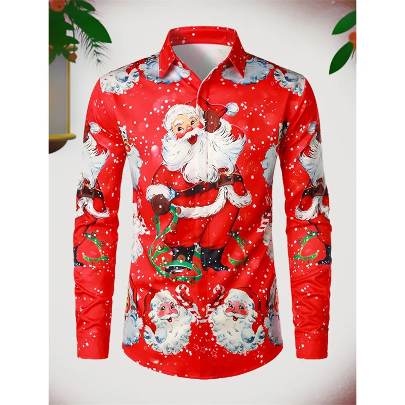 Blus motif Pohon Santa Claus, kemeja Hawaii untuk pria, blus motif 3D Selamat Natal, kemeja Aloha longgar kasual, atasan lengan panjang