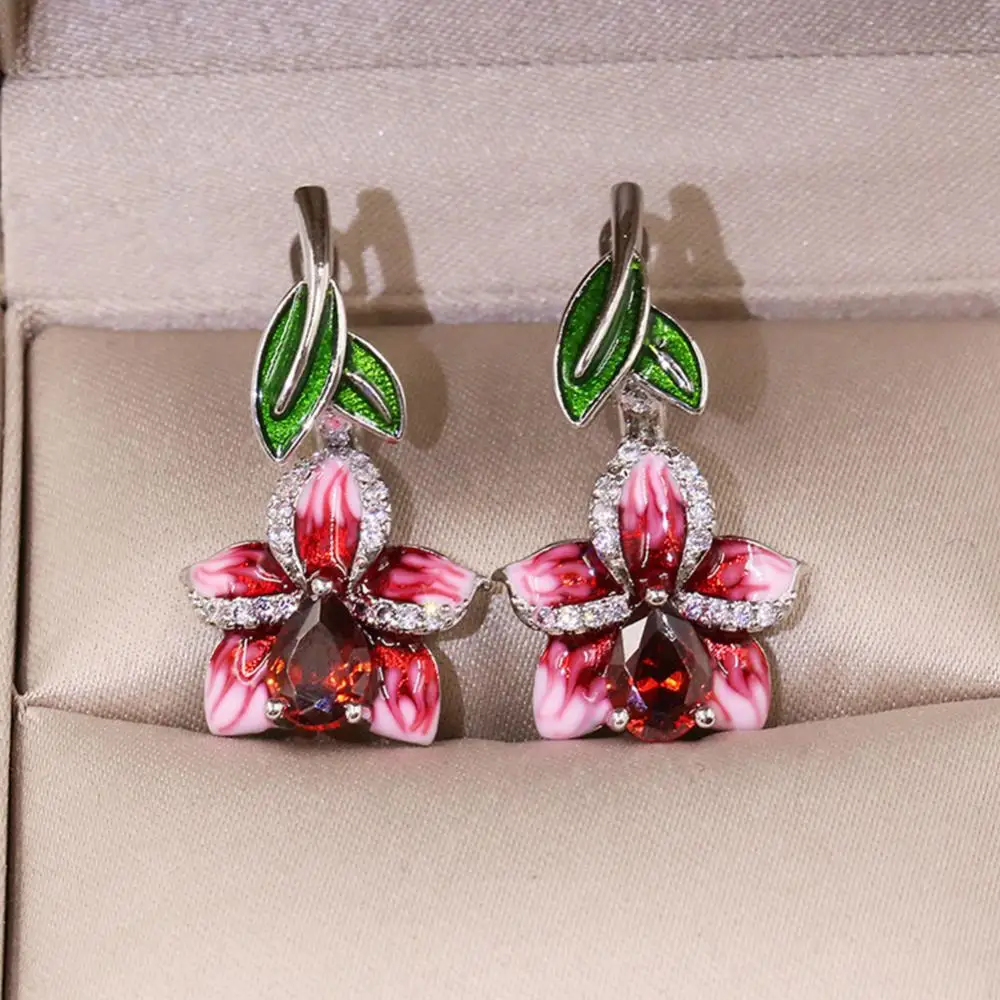 Fashion Earrings for Women Enamel Leaf Flower Pendant Rhinestone Inlaid Leverback Earrings Jewelry Gift