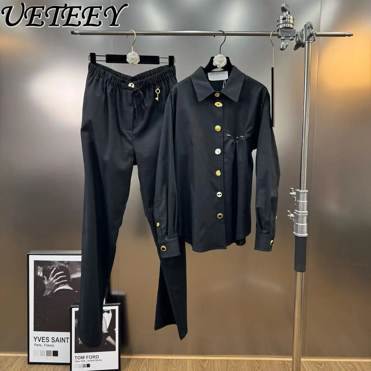 

Spring Autumn Turn-down Collar Long Sleeve Single-breasted Metal Button Shirt and Elastic Waist Casual Long Pants Two-piece Set