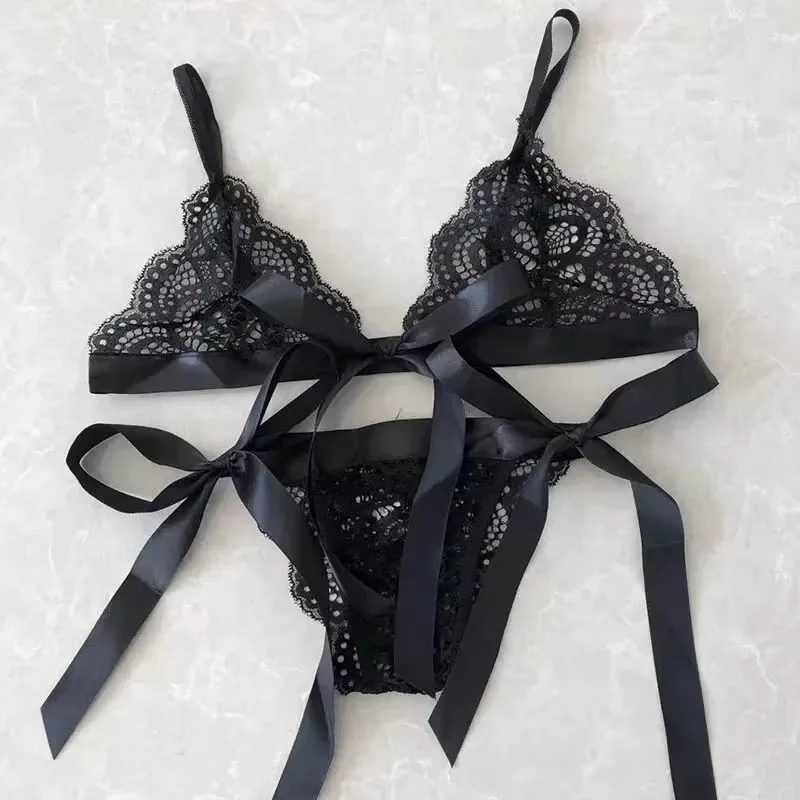 

Sexy Lace Bra Brief Set Lace Up Bowknot Lingerie Women Underwear Transparent Panties Sets Erotic Ultra-thin See-through Female