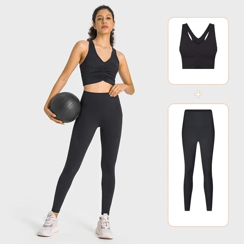 New Yoga Set Shockproof Sports Bra Side Pockets Fitness Suit