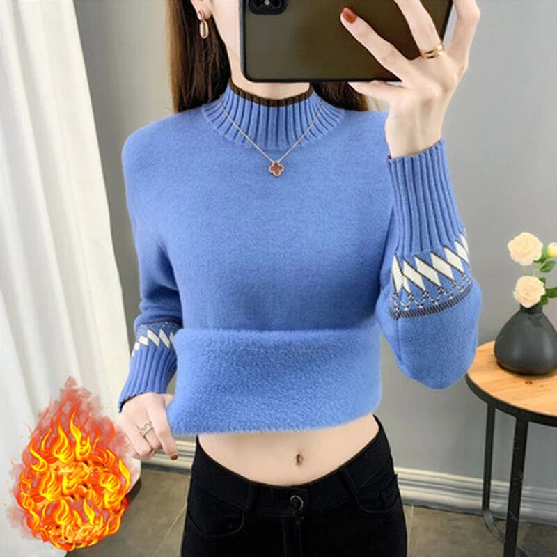 Women Casual Fleece Lined Sweater Harajuku Fashion Half Turtleneck Patchwork Knitted Jumper Oversized Knitwear Long Sleeve Top