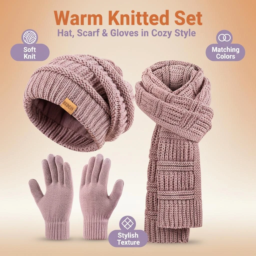 

3Pc Warm Knitted Hat Scarf Gloves Set for Women Winter Thick Fleece Lined Beanie Neck Warmer Gloves Set，Touchscreen gloves
