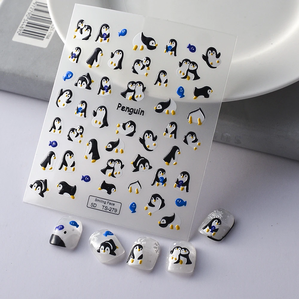 Penguin 5D Nail Stickers Faux Ongles Reutilisable Nail Tattoo Wrap Nail Decor