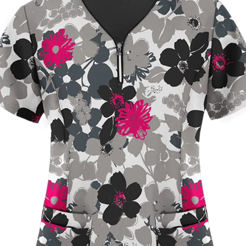 เสื้อยืด SLIM FIT พิมพ์ด้านบน V คอผู้หญิงโรงพยาบาลพยาบาลเสื้อยืดแขนสั้นสัตว์เลี้ยงความงามทันตแพทย์ชุดทํางาน