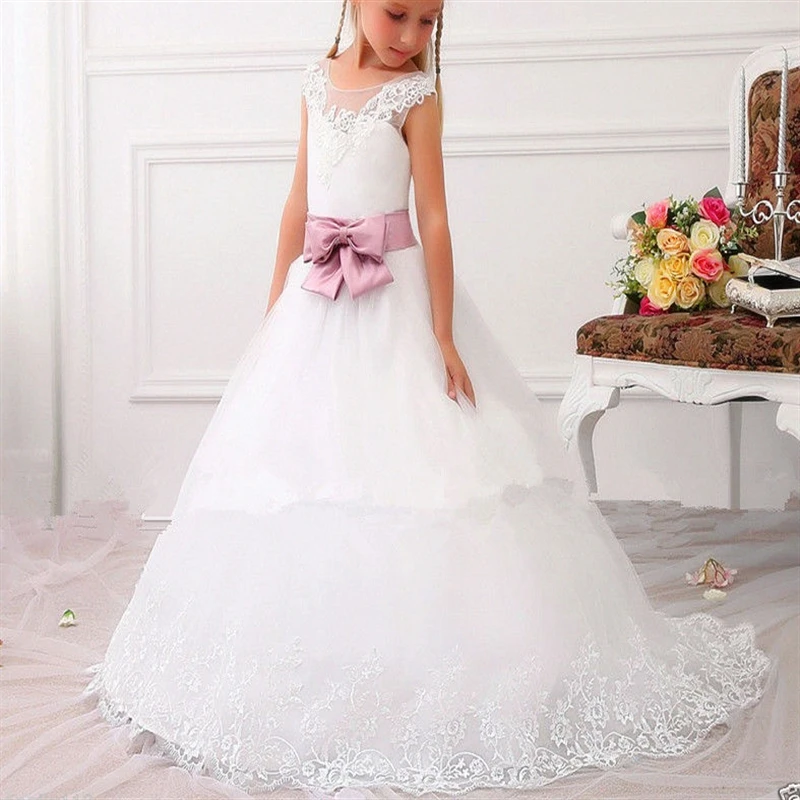 

Flower Girl Dresses Bow Lace Fluffy Princess Ball Gown Sleeveless Appqulies Tulle Wedding Guest Evening Party Customize