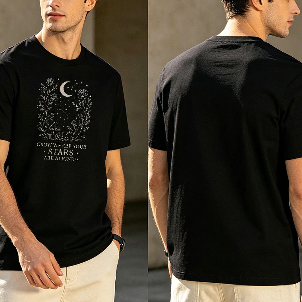 Moon Rose Mushroom Star Grow Where Your Stars Summer Men Cotton T-Shirt Mystic Fashion Witchy Graphic Short Sleeve Daily Top