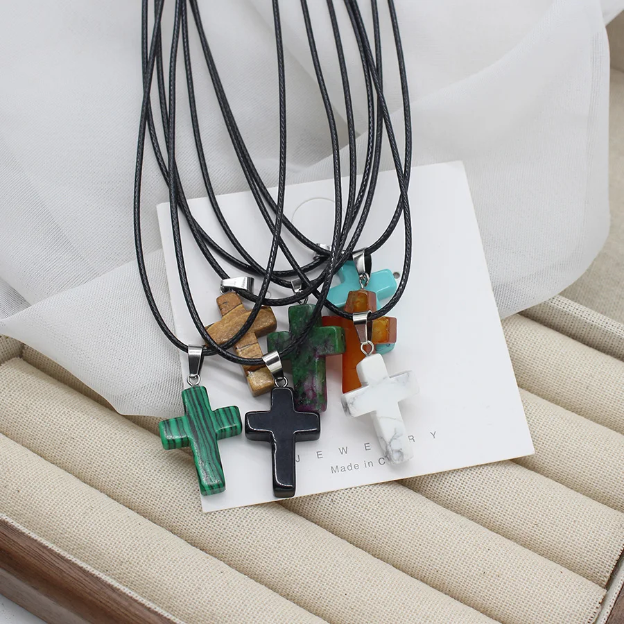Natural Stone Crystal Cross Pendant Necklace Adjustable Leather Choker Cord Couple Gift for Women/Men  Leather Rope Boho Jewelry