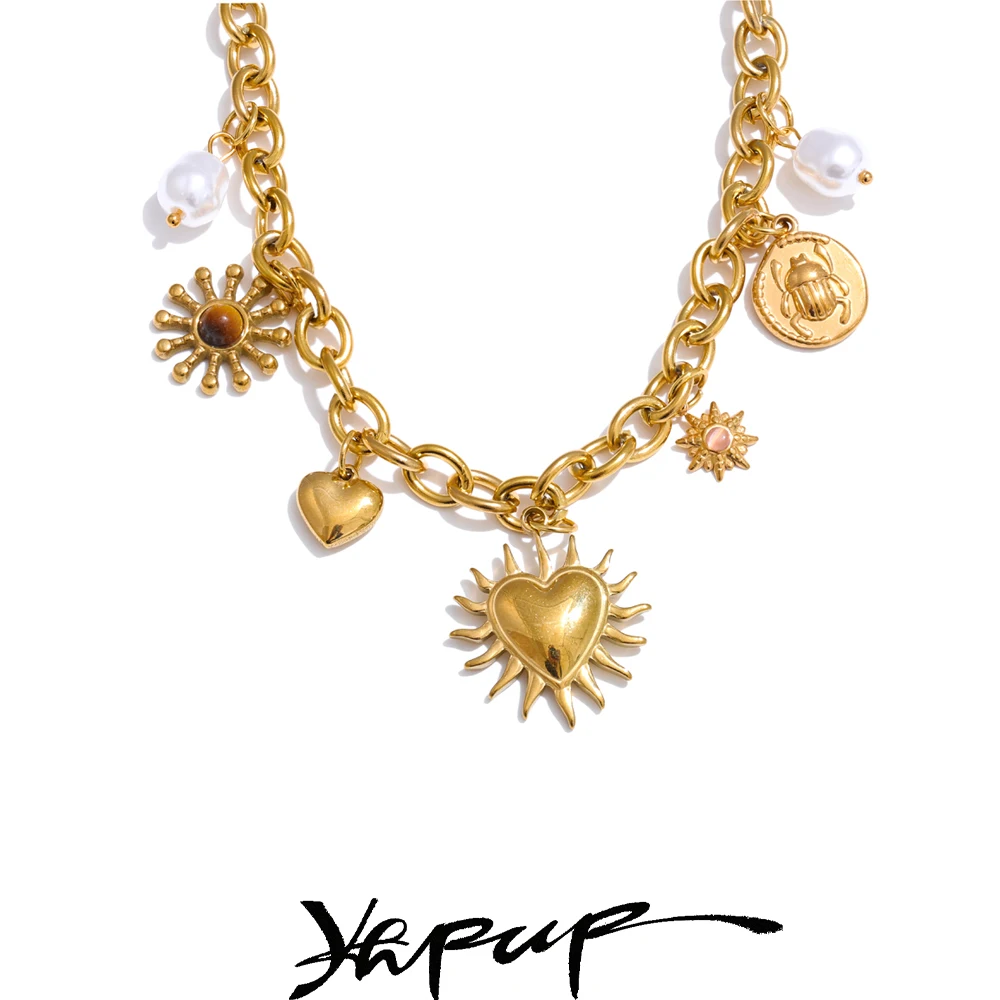 Yhpup Summer Sun Heart Drop Charms Necklace Trendy Stainless Steel Handmade Collar Golden PVD Jewelry Waterproof for Women